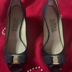 Salvatore Ferragamo Black Peep Toe Heels with Gold Buckle